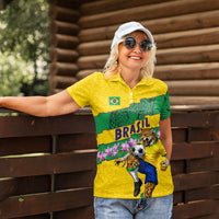 Personalized Brazil Soccer Women Polo Shirt Jaguar Football Mascot - National Flag and Floral Accents