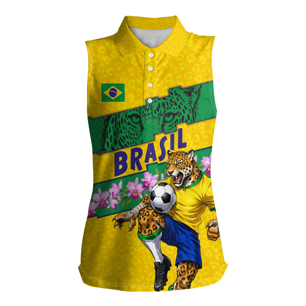 Personalized Brazil Soccer Women Sleeveless Polo Shirt Jaguar Football Mascot - National Flag and Floral Accents