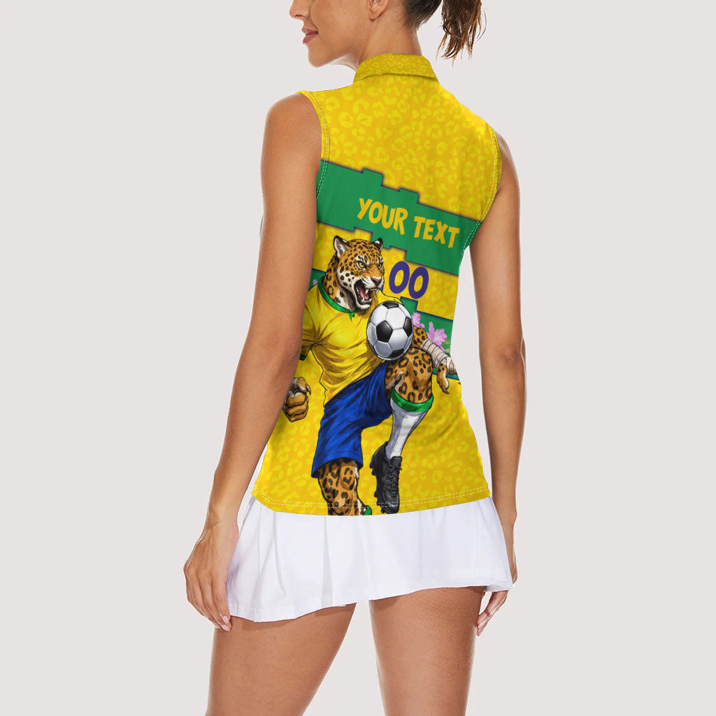 Personalized Brazil Soccer Women Sleeveless Polo Shirt Jaguar Football Mascot - National Flag and Floral Accents