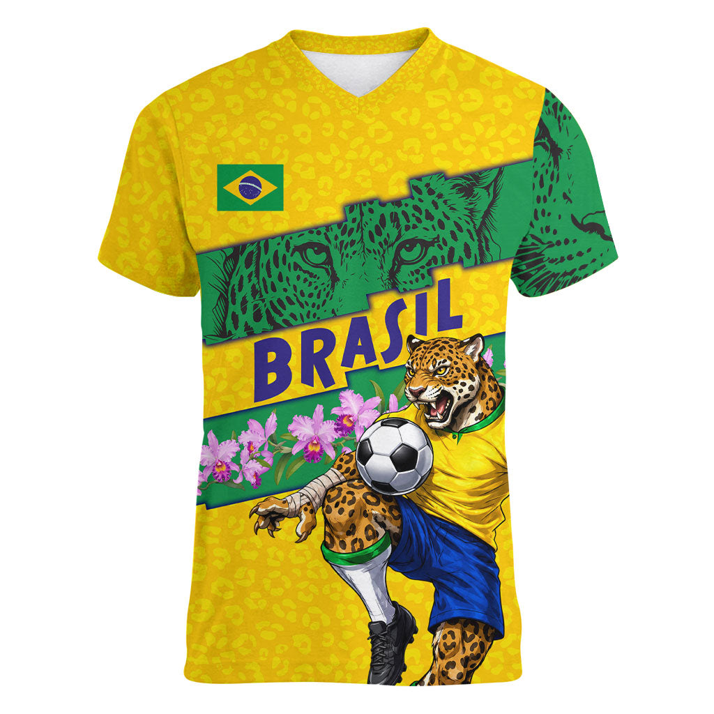 Personalized Brazil Soccer Women V-Neck T-Shirt Jaguar Football Mascot - National Flag and Floral Accents