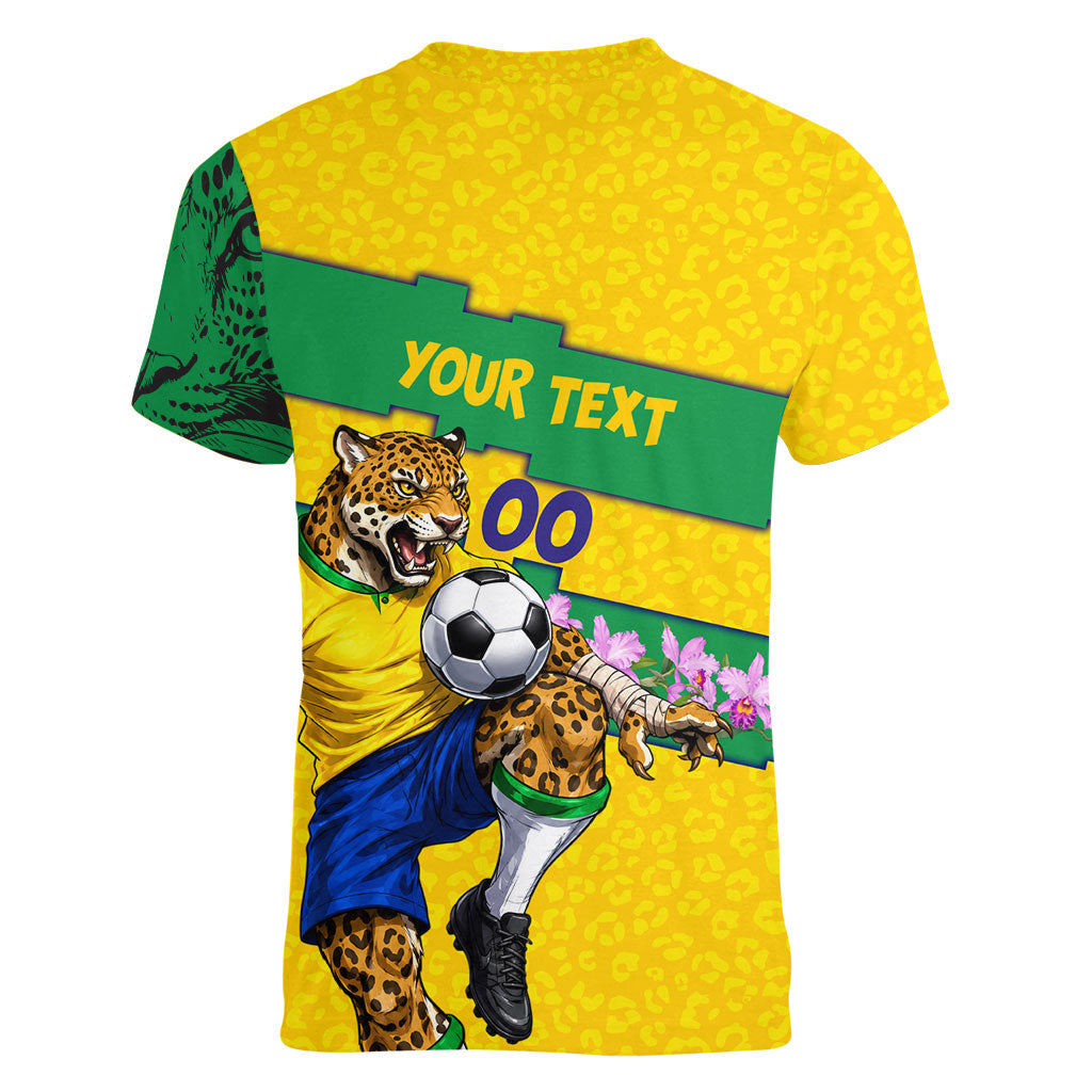 Personalized Brazil Soccer Women V-Neck T-Shirt Jaguar Football Mascot - National Flag and Floral Accents