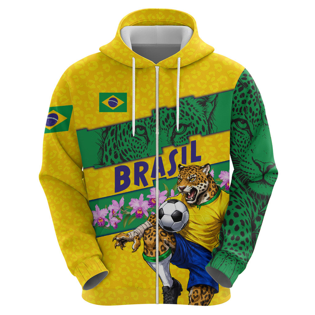 Personalized Brazil Soccer Zip Hoodie Jaguar Football Mascot - National Flag and Floral Accents