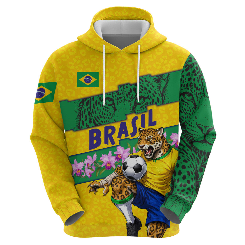 Personalized Brazil Soccer Zip Hoodie Jaguar Football Mascot - National Flag and Floral Accents