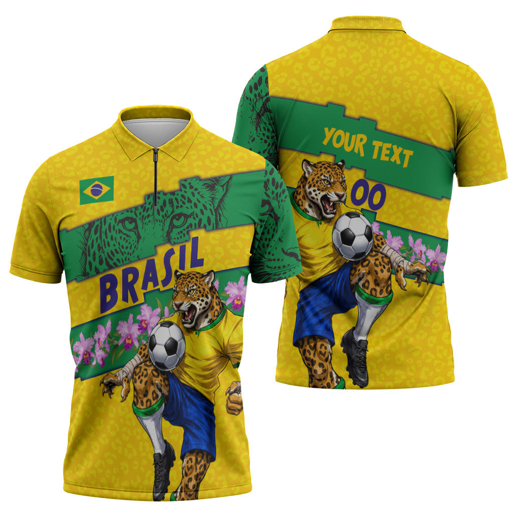 Personalized Brazil Soccer Zipper Polo Shirt Jaguar Football Mascot - National Flag and Floral Accents