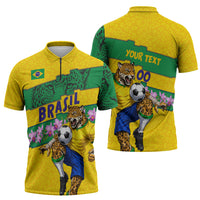 Personalized Brazil Soccer Zipper Polo Shirt Jaguar Football Mascot - National Flag and Floral Accents