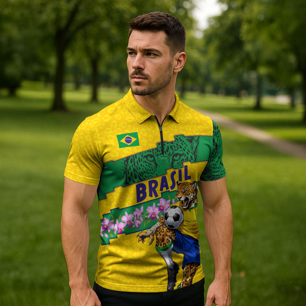Personalized Brazil Soccer Zipper Polo Shirt Jaguar Football Mascot - National Flag and Floral Accents