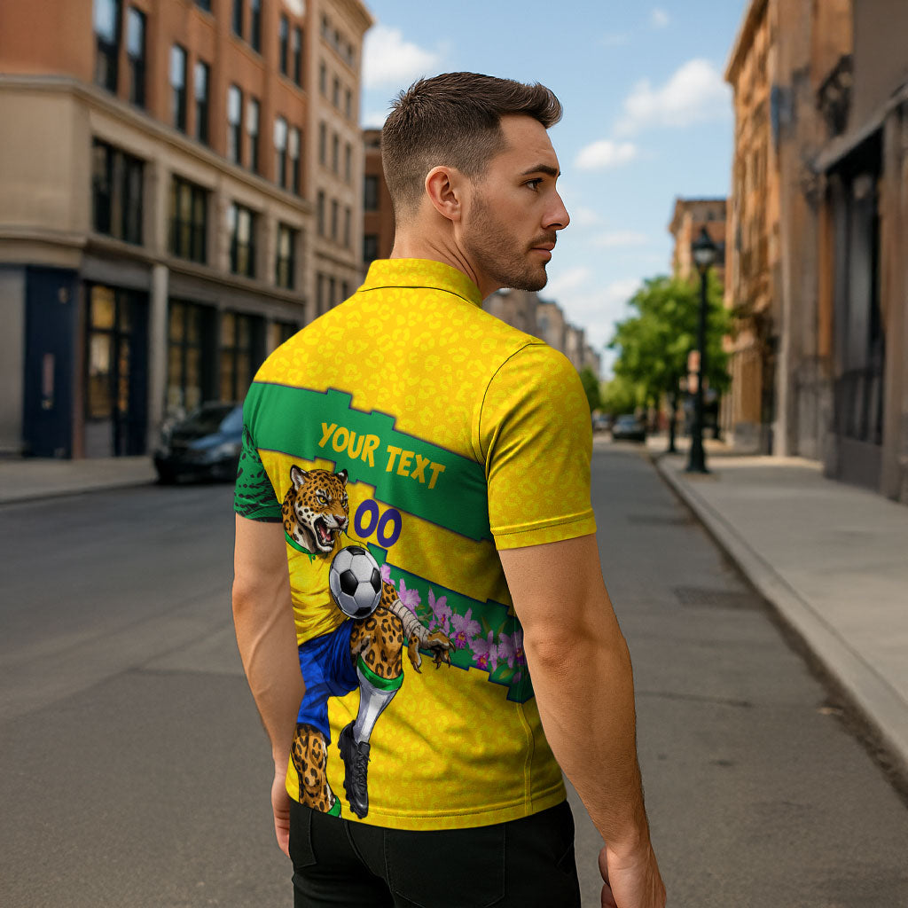 Personalized Brazil Soccer Zipper Polo Shirt Jaguar Football Mascot - National Flag and Floral Accents