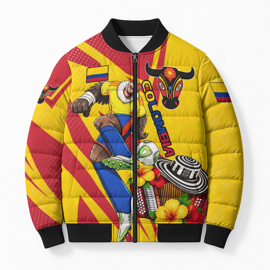 Personalized Colombia Football Vulture Mascot Bomber Puffer Jacket Vibrant Barranquilla Carnival Style - Vueltiao Hat And Accordion