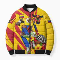 Personalized Colombia Football Vulture Mascot Bomber Puffer Jacket Vibrant Barranquilla Carnival Style - Vueltiao Hat And Accordion