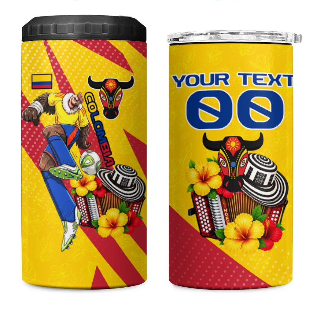Personalized Colombia Football Vulture Mascot 4 in 1 Can Cooler Tumbler Vibrant Barranquilla Carnival Style - Vueltiao Hat And Accordion