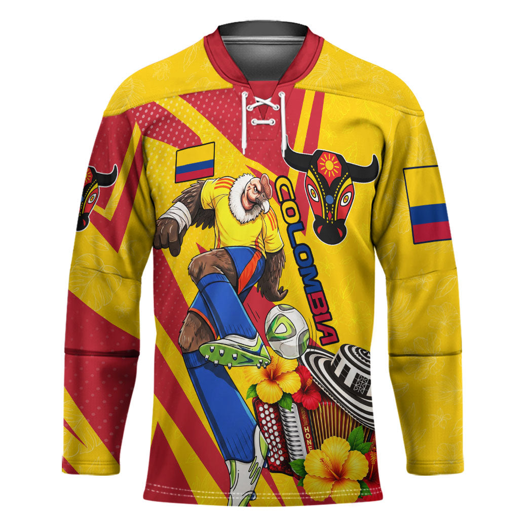Personalized Colombia Football Vulture Mascot Hockey Jersey Vibrant Barranquilla Carnival Style - Vueltiao Hat And Accordion