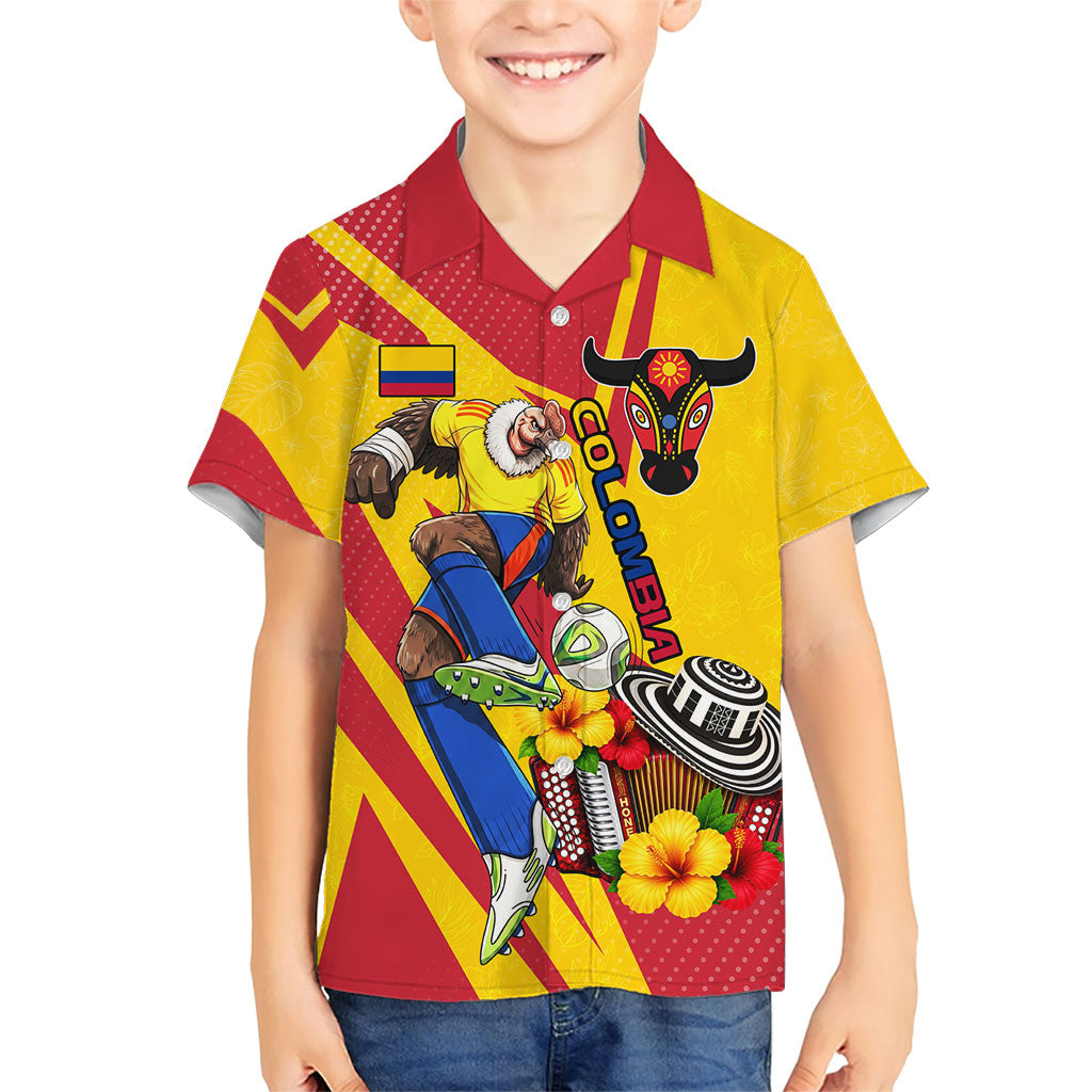 Personalized Colombia Football Vulture Mascot Kid Hawaiian Shirt Vibrant Barranquilla Carnival Style - Vueltiao Hat And Accordion