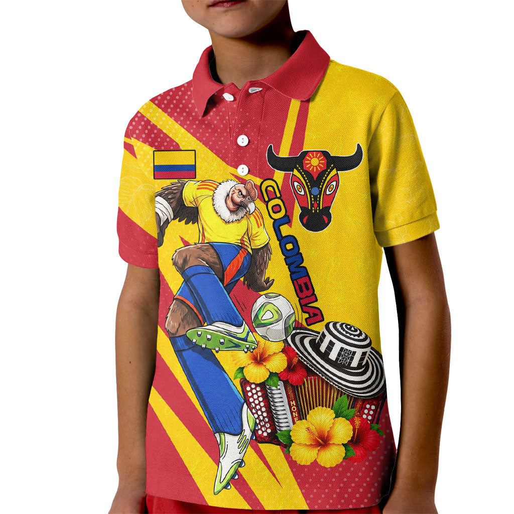 Personalized Colombia Football Vulture Mascot Kid Polo Shirt Vibrant Barranquilla Carnival Style - Vueltiao Hat And Accordion