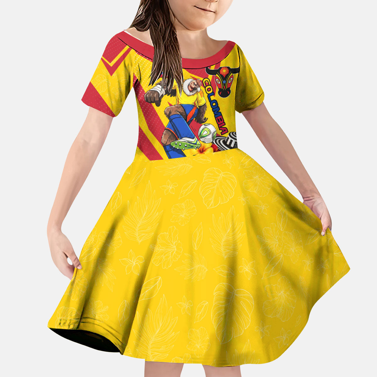 Personalized Colombia Football Vulture Mascot Kid Short Sleeve Dress Vibrant Barranquilla Carnival Style - Vueltiao Hat And Accordion