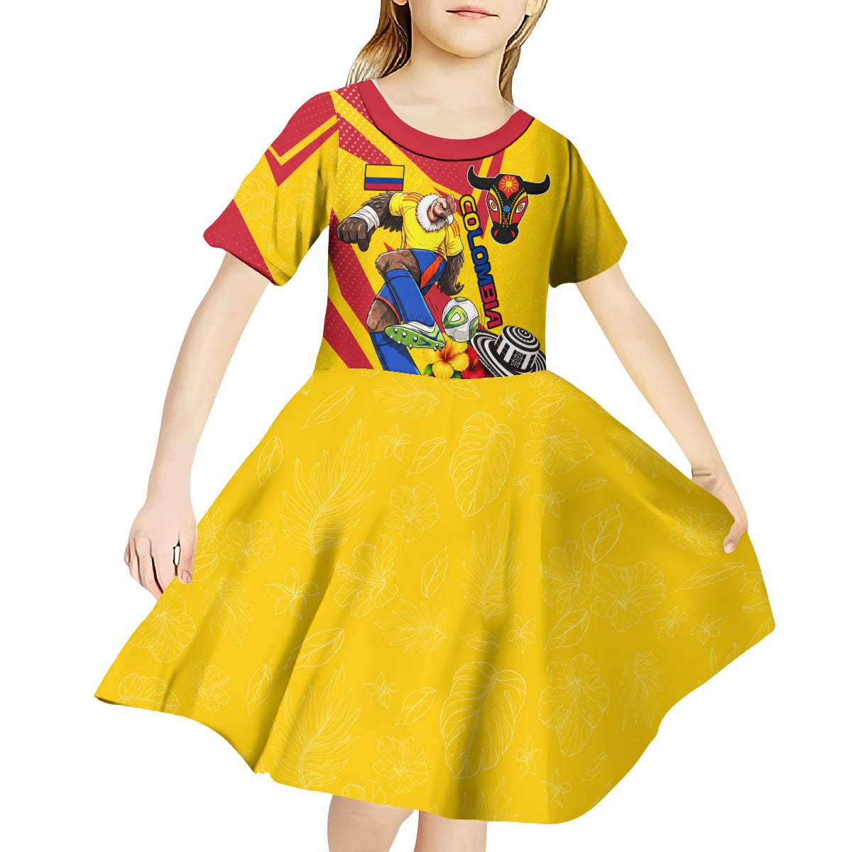 Personalized Colombia Football Vulture Mascot Kid Short Sleeve Dress Vibrant Barranquilla Carnival Style - Vueltiao Hat And Accordion