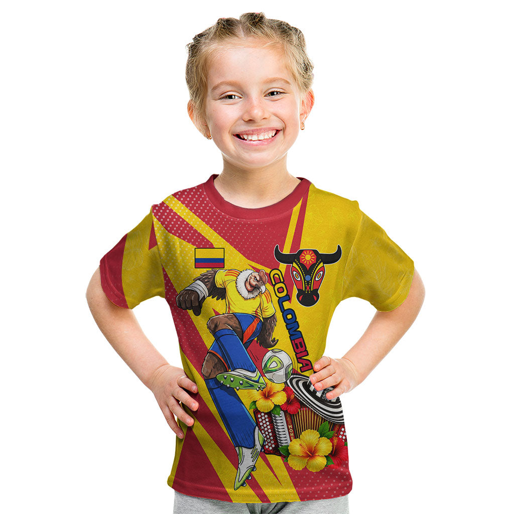 Personalized Colombia Football Vulture Mascot Kid T Shirt Vibrant Barranquilla Carnival Style - Vueltiao Hat And Accordion