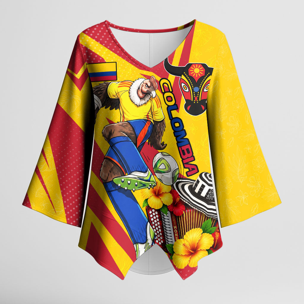 Personalized Colombia Football Vulture Mascot Kimono Sleeve Blouse Vibrant Barranquilla Carnival Style - Vueltiao Hat And Accordion
