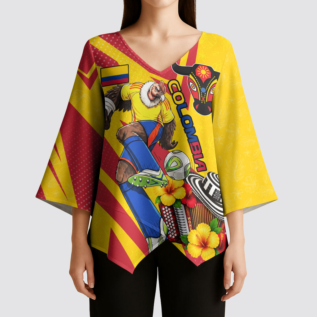 Personalized Colombia Football Vulture Mascot Kimono Sleeve Blouse Vibrant Barranquilla Carnival Style - Vueltiao Hat And Accordion