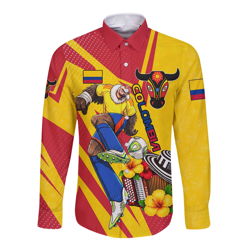Personalized Colombia Football Vulture Mascot Long Sleeve Button Shirt Vibrant Barranquilla Carnival Style - Vueltiao Hat And Accordion