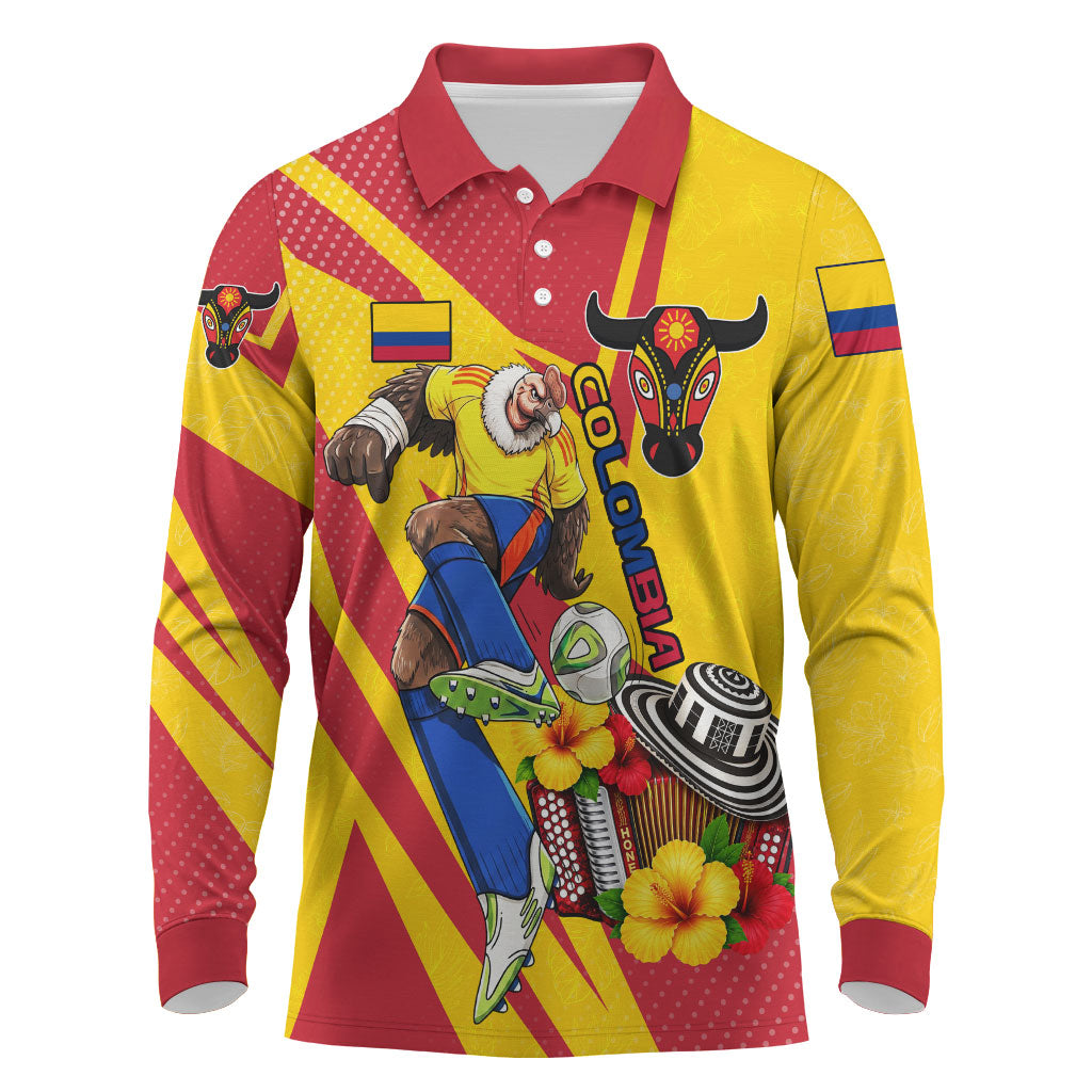 Personalized Colombia Football Vulture Mascot Long Sleeve Polo Shirt Vibrant Barranquilla Carnival Style - Vueltiao Hat And Accordion