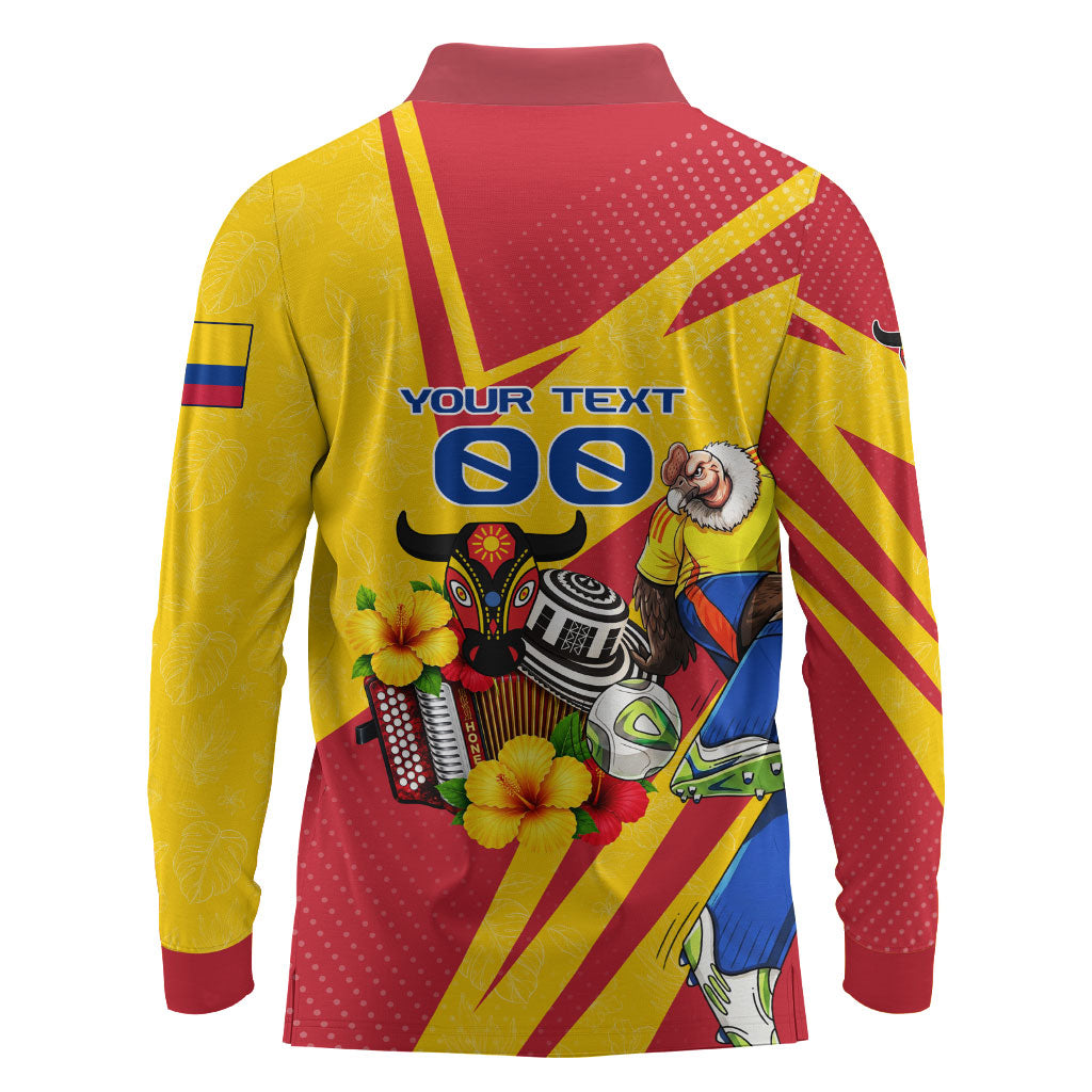 Personalized Colombia Football Vulture Mascot Long Sleeve Polo Shirt Vibrant Barranquilla Carnival Style - Vueltiao Hat And Accordion