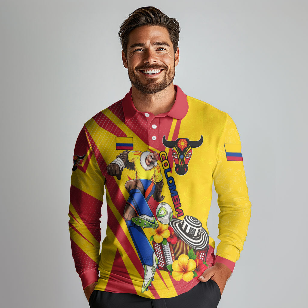 Personalized Colombia Football Vulture Mascot Long Sleeve Polo Shirt Vibrant Barranquilla Carnival Style - Vueltiao Hat And Accordion