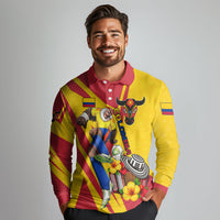 Personalized Colombia Football Vulture Mascot Long Sleeve Polo Shirt Vibrant Barranquilla Carnival Style - Vueltiao Hat And Accordion