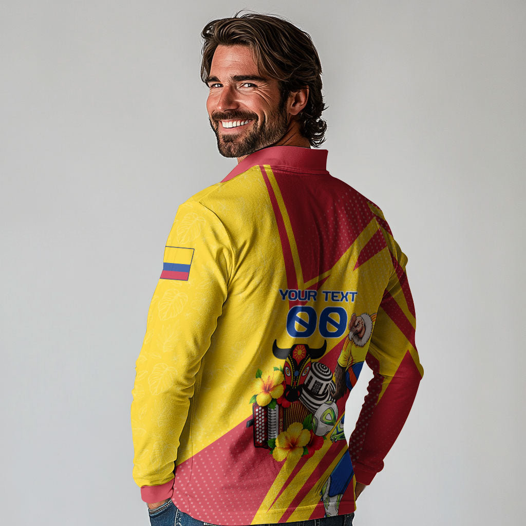 Personalized Colombia Football Vulture Mascot Long Sleeve Polo Shirt Vibrant Barranquilla Carnival Style - Vueltiao Hat And Accordion