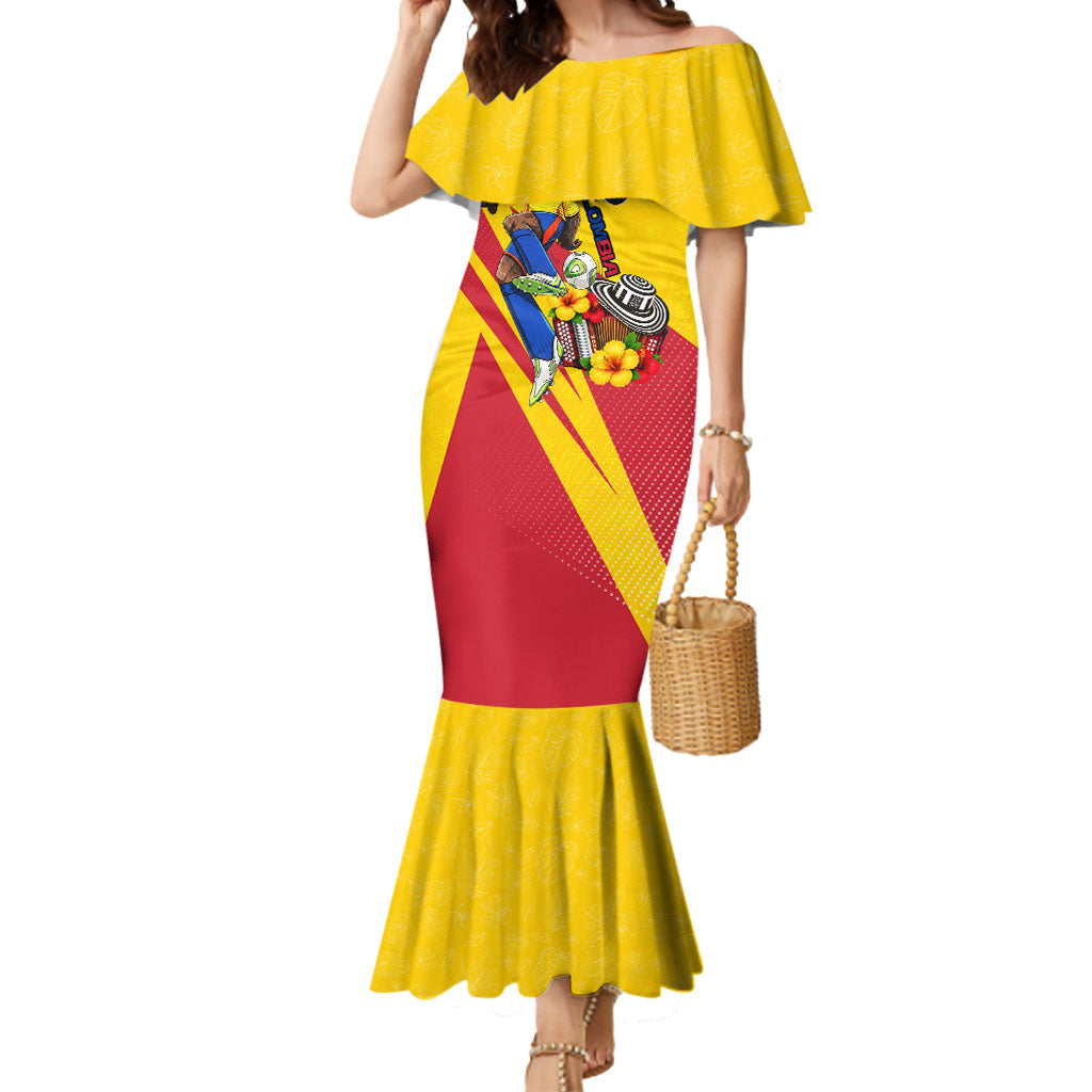 Personalized Colombia Football Vulture Mascot Mermaid Dress Vibrant Barranquilla Carnival Style - Vueltiao Hat And Accordion