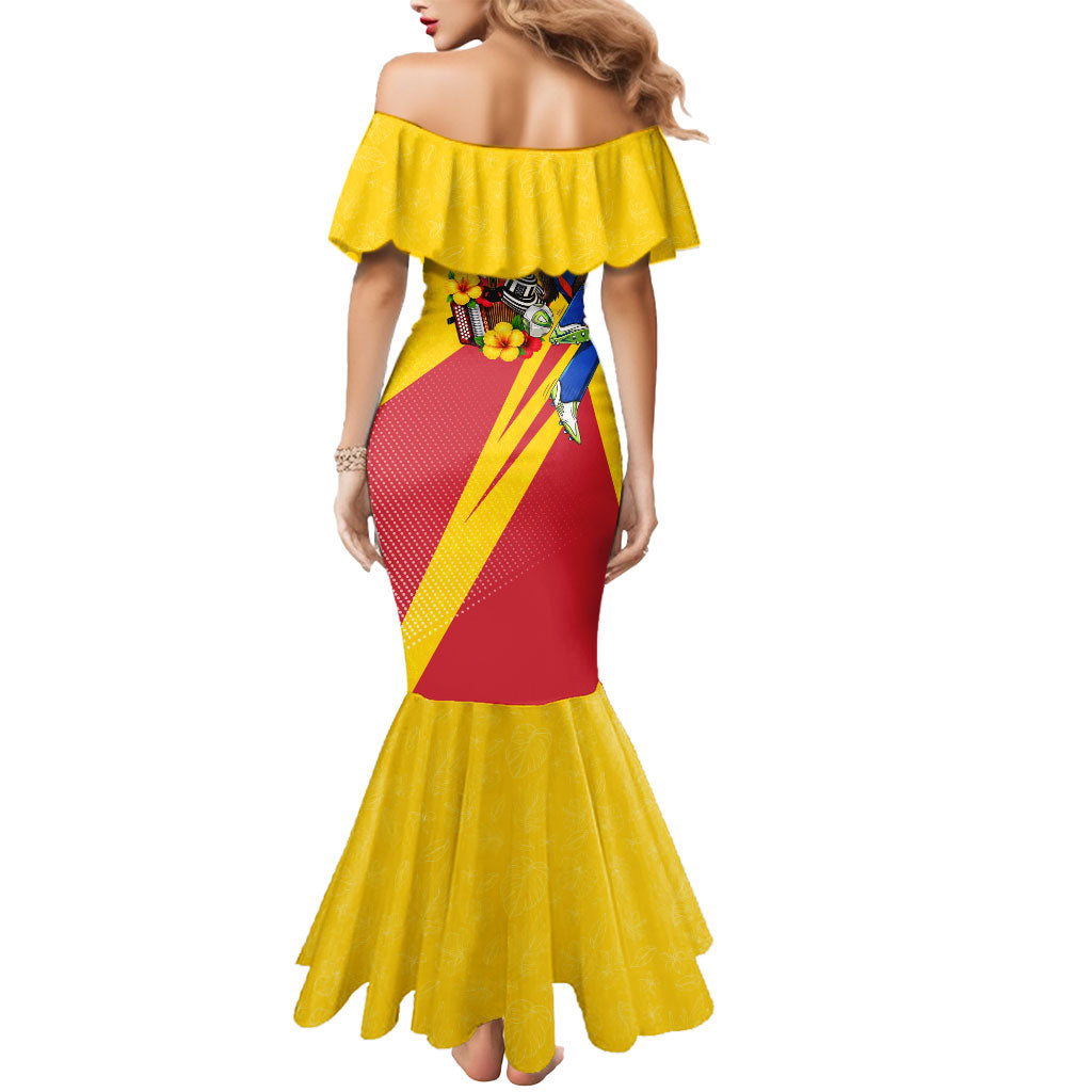 Personalized Colombia Football Vulture Mascot Mermaid Dress Vibrant Barranquilla Carnival Style - Vueltiao Hat And Accordion