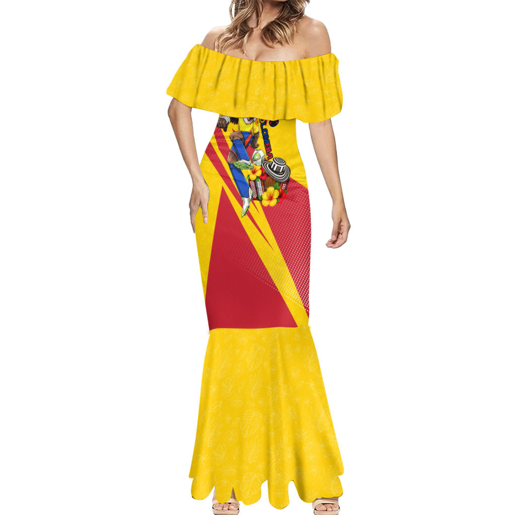 Personalized Colombia Football Vulture Mascot Mermaid Dress Vibrant Barranquilla Carnival Style - Vueltiao Hat And Accordion