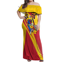 Personalized Colombia Football Vulture Mascot Off Shoulder Maxi Dress Vibrant Barranquilla Carnival Style - Vueltiao Hat And Accordion