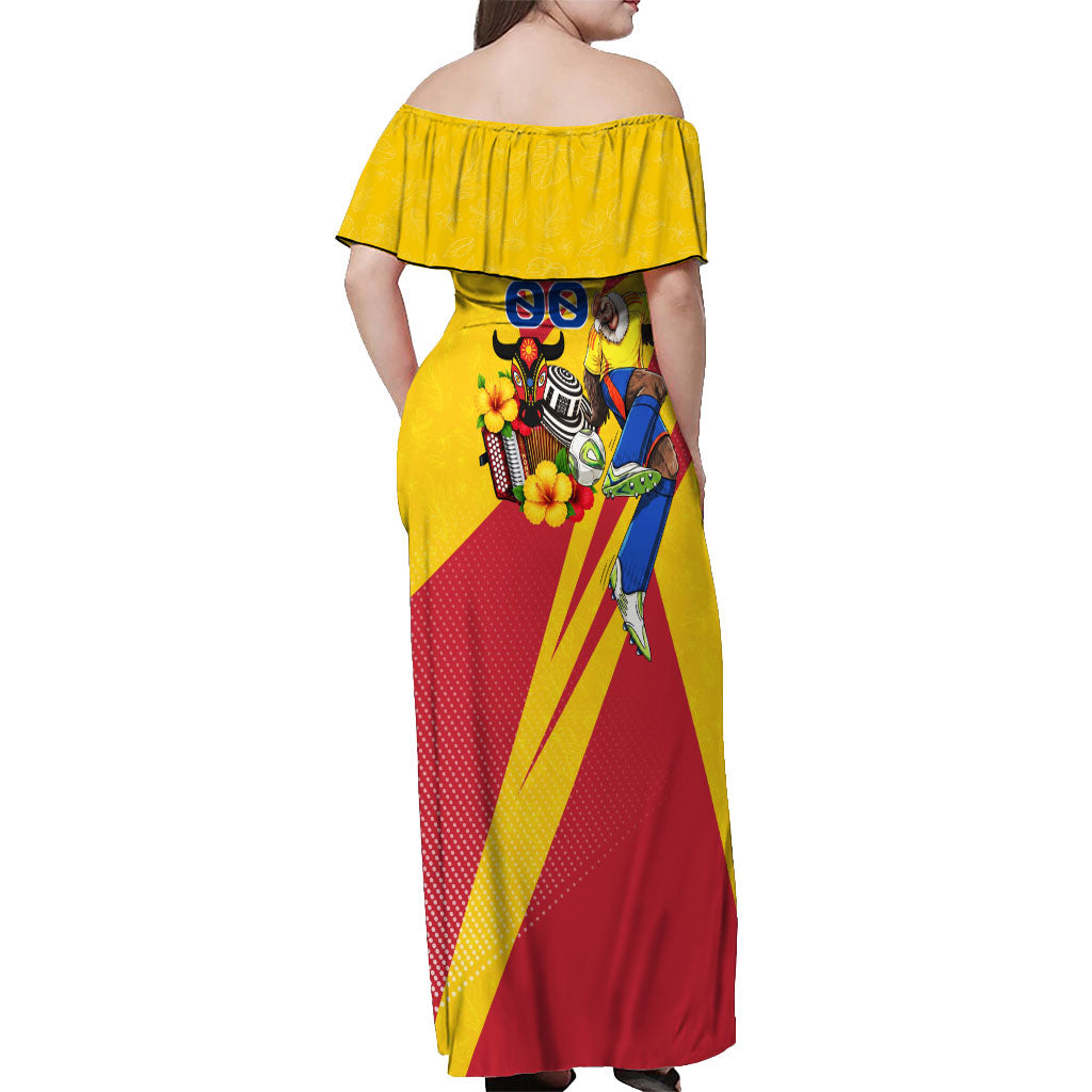 Personalized Colombia Football Vulture Mascot Off Shoulder Maxi Dress Vibrant Barranquilla Carnival Style - Vueltiao Hat And Accordion