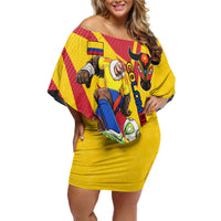 Personalized Colombia Football Vulture Mascot Off Shoulder Short Dress Vibrant Barranquilla Carnival Style - Vueltiao Hat And Accordion