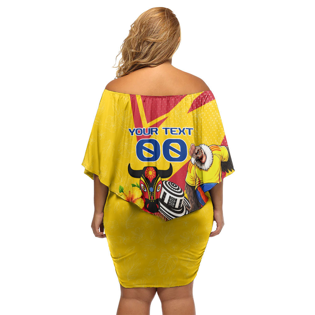 Personalized Colombia Football Vulture Mascot Off Shoulder Short Dress Vibrant Barranquilla Carnival Style - Vueltiao Hat And Accordion