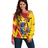 Personalized Colombia Football Vulture Mascot Off Shoulder Sweater Vibrant Barranquilla Carnival Style - Vueltiao Hat And Accordion