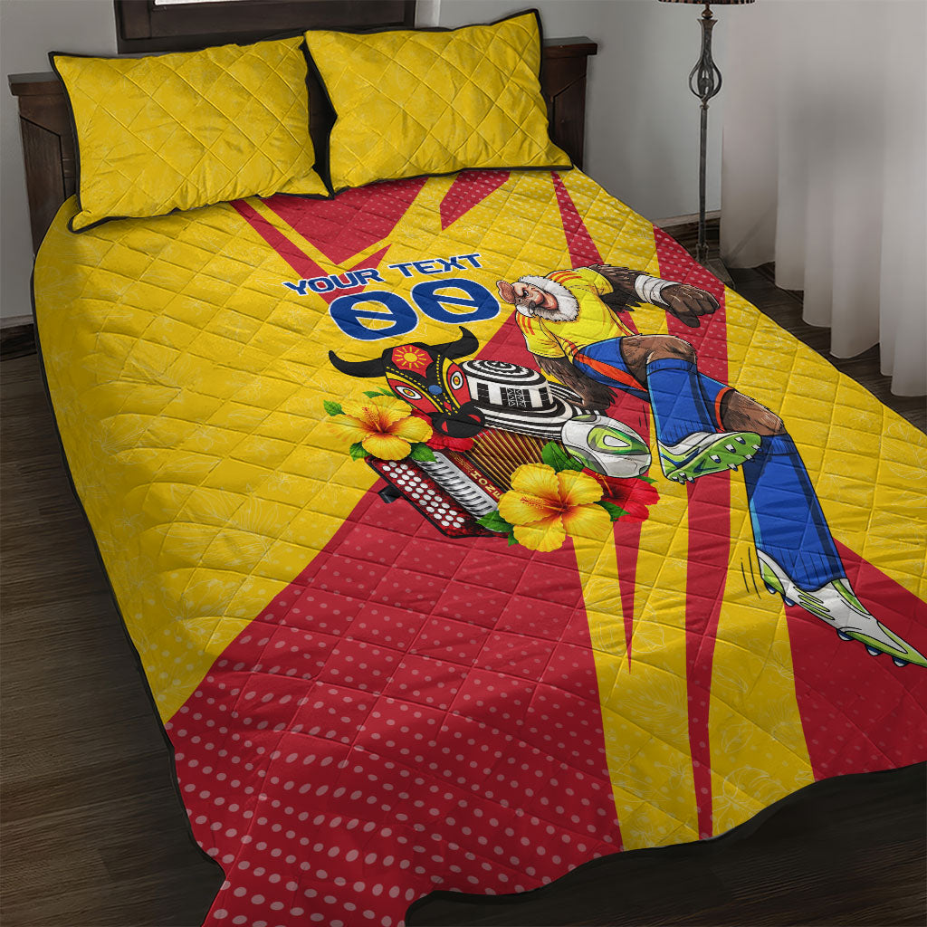 Personalized Colombia Football Vulture Mascot Quilt Bed Set Vibrant Barranquilla Carnival Style - Vueltiao Hat And Accordion