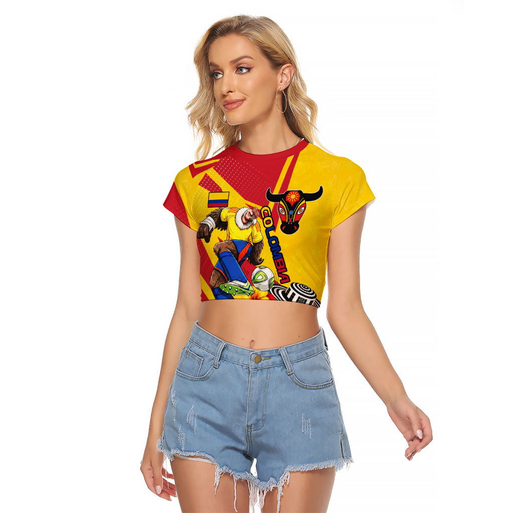 Personalized Colombia Football Vulture Mascot Raglan Cropped T Shirt Vibrant Barranquilla Carnival Style - Vueltiao Hat And Accordion