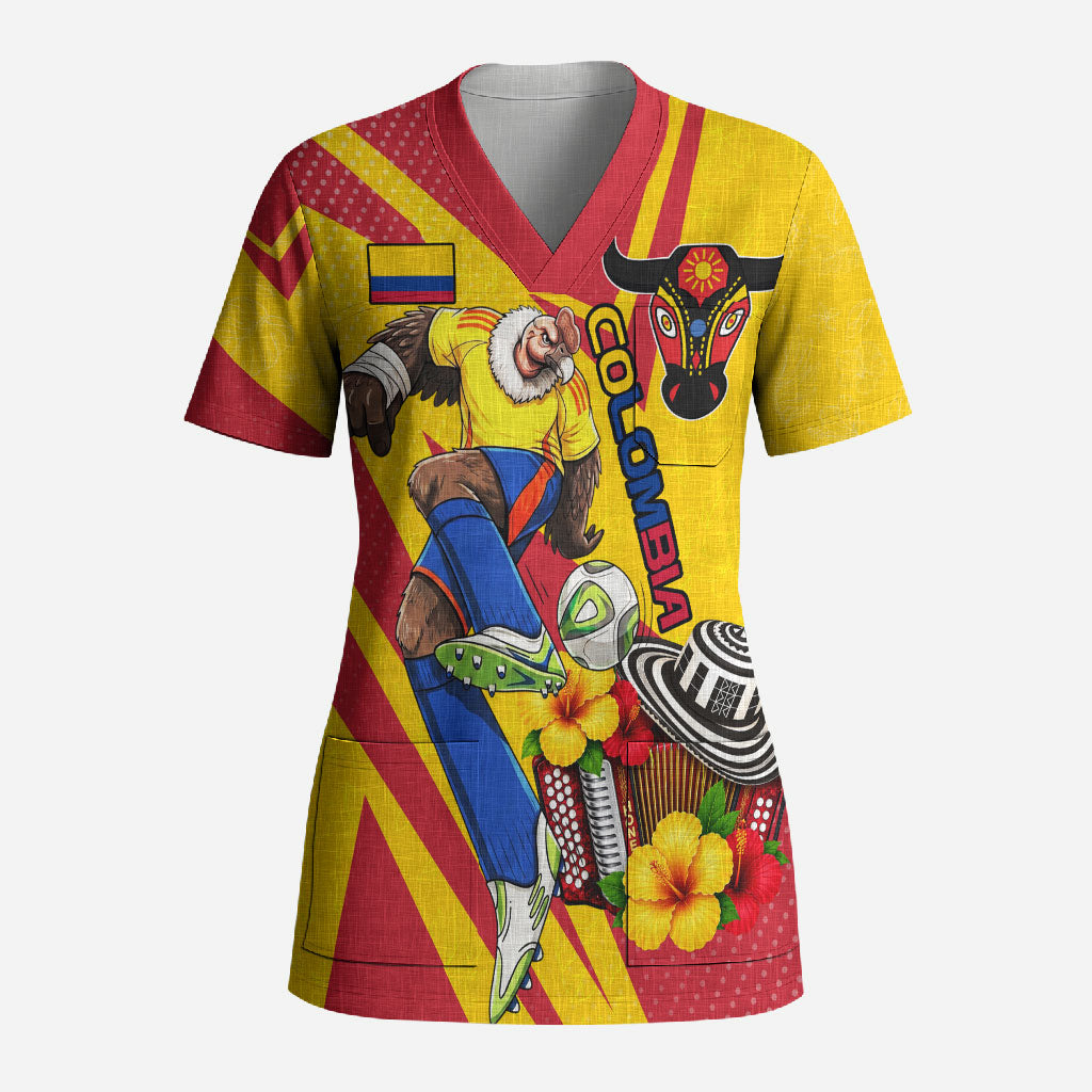Personalized Colombia Football Vulture Mascot Scrub Top Vibrant Barranquilla Carnival Style - Vueltiao Hat And Accordion