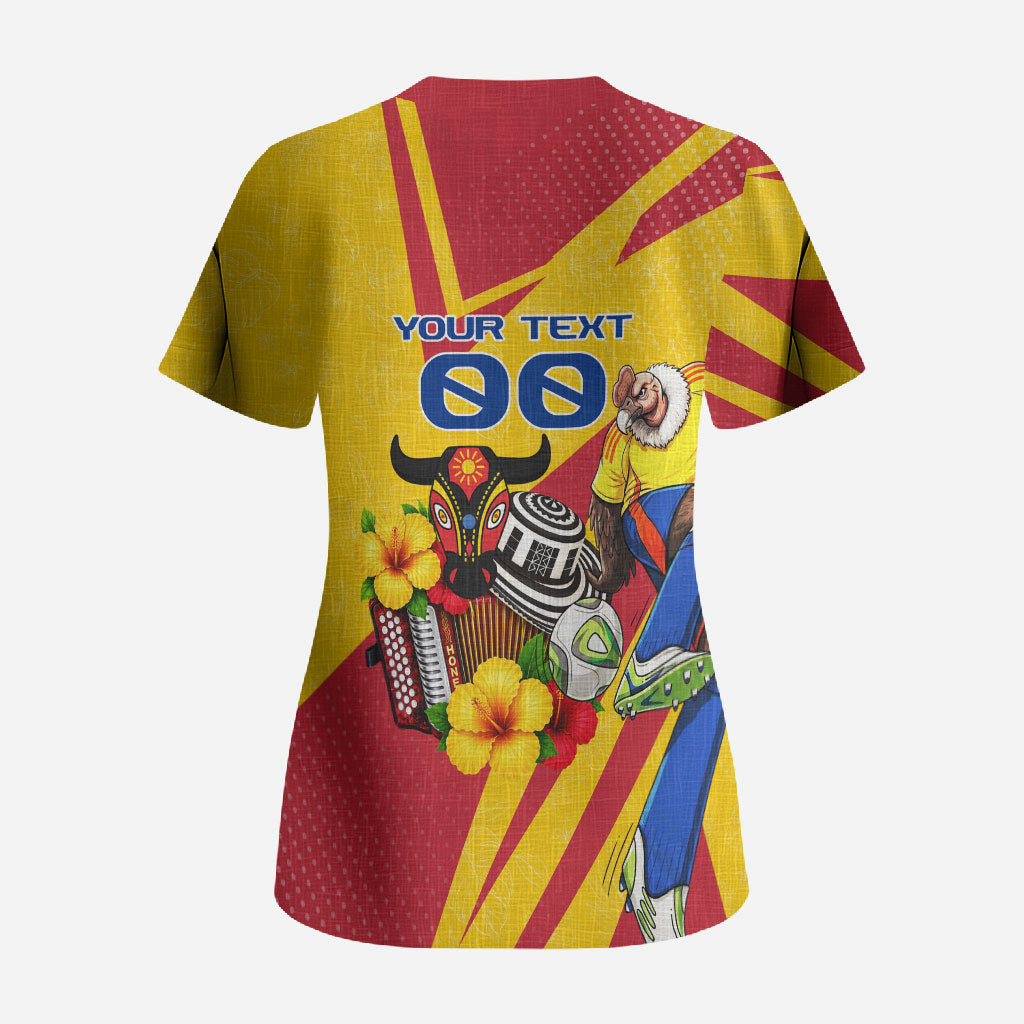 Personalized Colombia Football Vulture Mascot Scrub Top Vibrant Barranquilla Carnival Style - Vueltiao Hat And Accordion