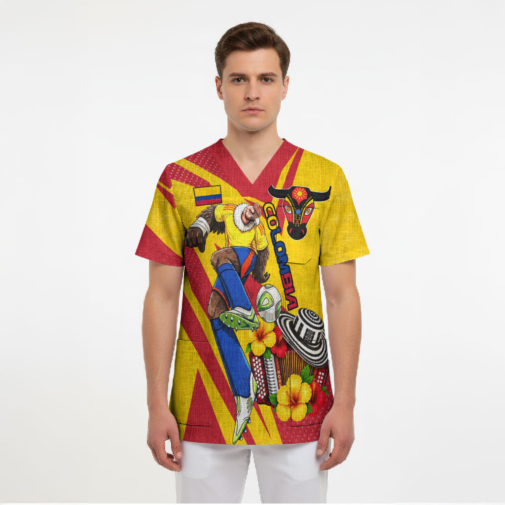 Personalized Colombia Football Vulture Mascot Scrub Top Vibrant Barranquilla Carnival Style - Vueltiao Hat And Accordion