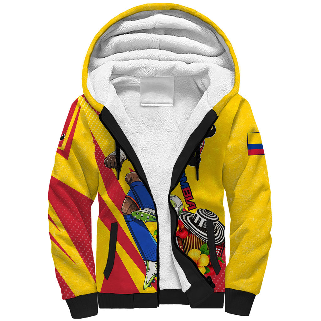 Personalized Colombia Football Vulture Mascot Sherpa Hoodie Vibrant Barranquilla Carnival Style - Vueltiao Hat And Accordion