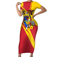 Personalized Colombia Football Vulture Mascot Short Sleeve Bodycon Dress Vibrant Barranquilla Carnival Style - Vueltiao Hat And Accordion