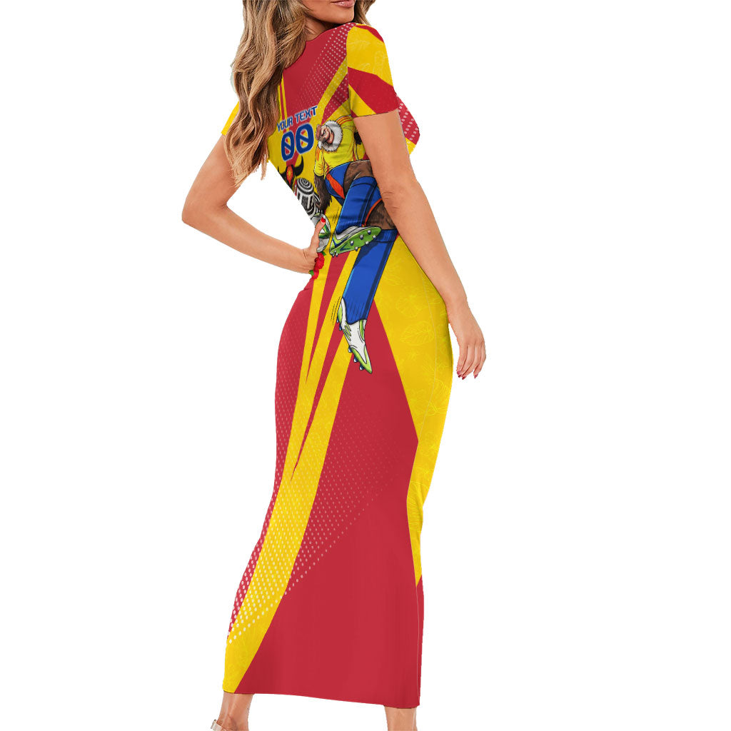 Personalized Colombia Football Vulture Mascot Short Sleeve Bodycon Dress Vibrant Barranquilla Carnival Style - Vueltiao Hat And Accordion