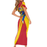 Personalized Colombia Football Vulture Mascot Short Sleeve Bodycon Dress Vibrant Barranquilla Carnival Style - Vueltiao Hat And Accordion