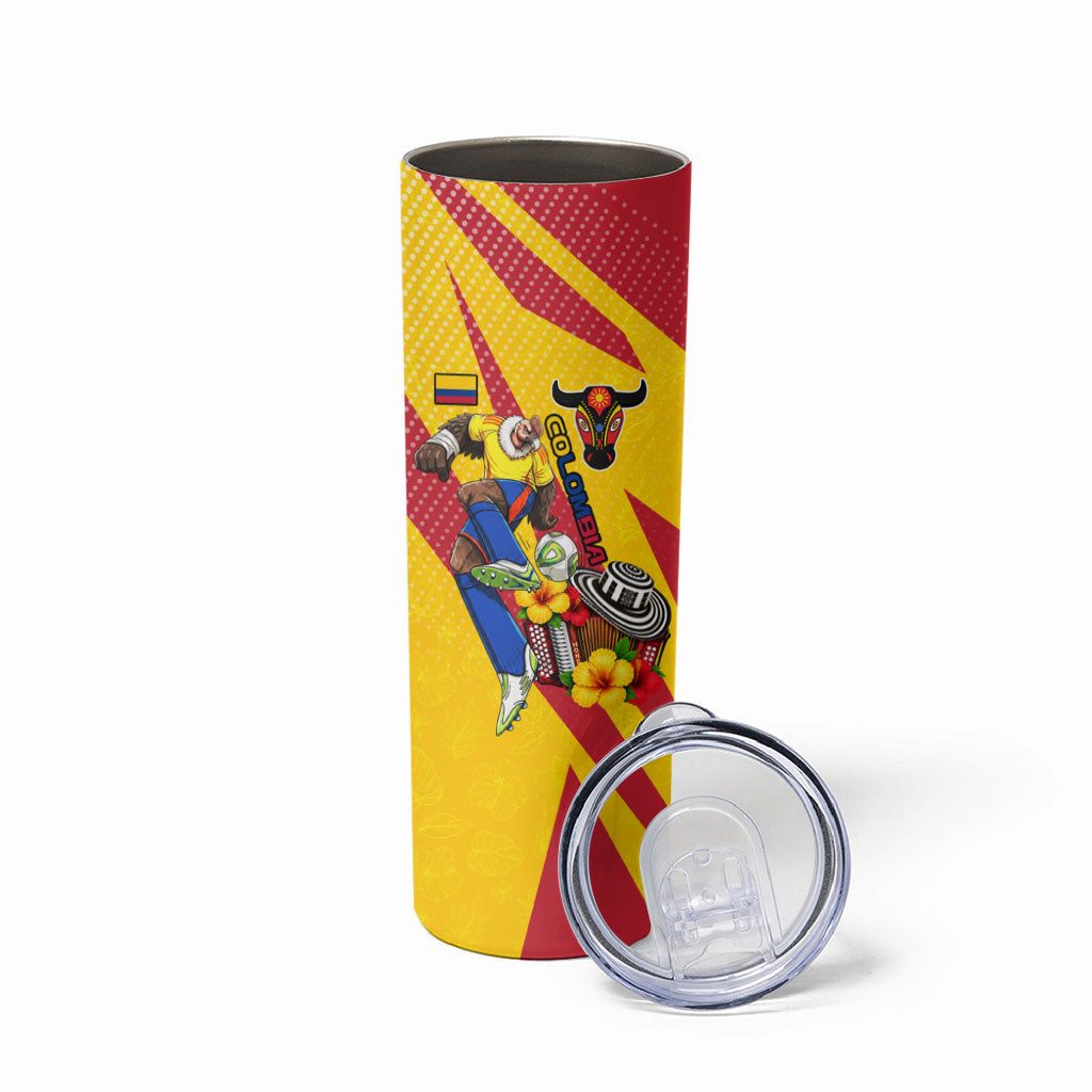 Personalized Colombia Football Vulture Mascot Skinny Tumbler Vibrant Barranquilla Carnival Style - Vueltiao Hat And Accordion