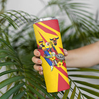 Personalized Colombia Football Vulture Mascot Skinny Tumbler Vibrant Barranquilla Carnival Style - Vueltiao Hat And Accordion