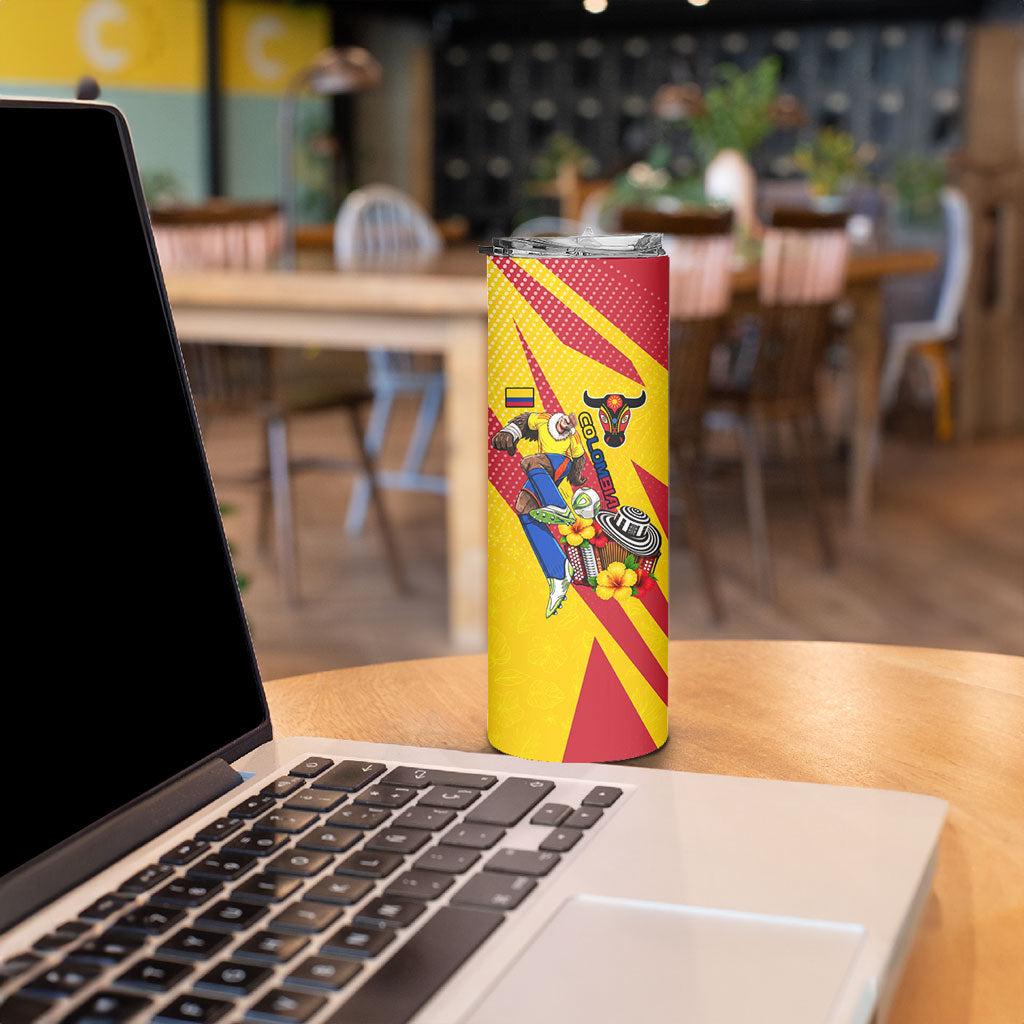 Personalized Colombia Football Vulture Mascot Skinny Tumbler Vibrant Barranquilla Carnival Style - Vueltiao Hat And Accordion