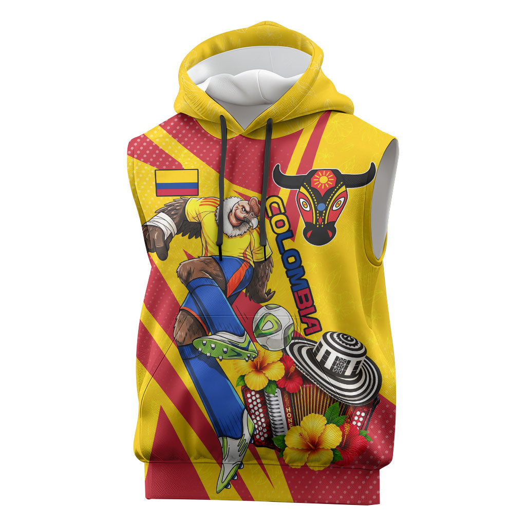 Personalized Colombia Football Vulture Mascot Sleeveless Hoodie Vibrant Barranquilla Carnival Style - Vueltiao Hat And Accordion