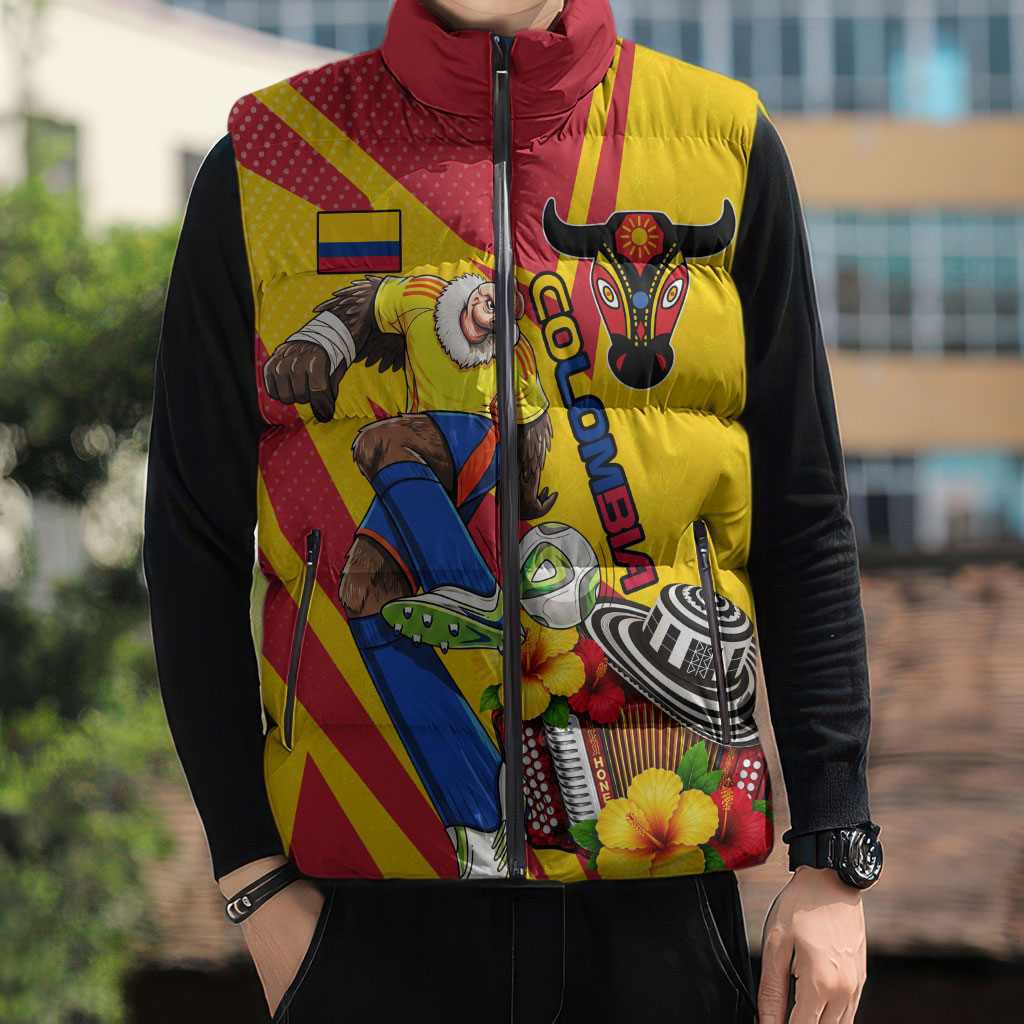 Personalized Colombia Football Vulture Mascot Sleeveless Puffer Jacket Vibrant Barranquilla Carnival Style - Vueltiao Hat And Accordion